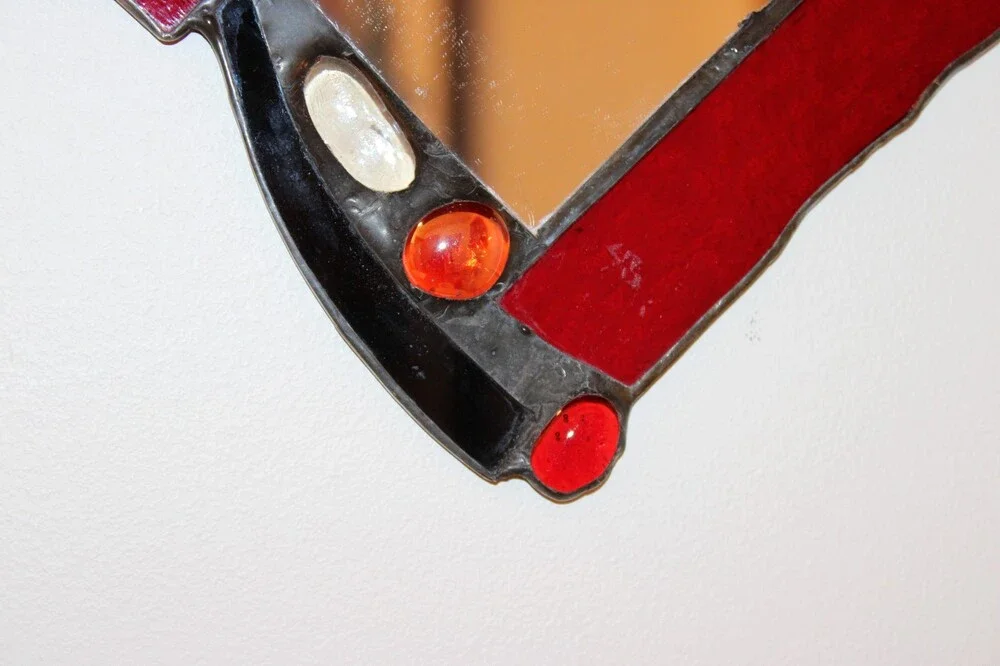 Mary Ann Molinaro Stained Glass Mirror Art Deco Geometric Burgundy Red Vintage